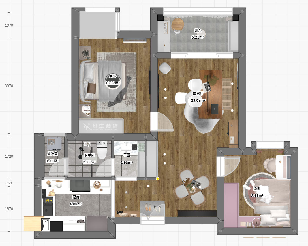 仇美蓉｜金陵湾南区1-3-502-99㎡-简约风格｜2室2厅1卫｜新房装修｜定制家｜全包12万｜00_03平面彩图
